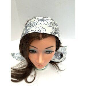 Vintage 70s head wrap flower power Retro, Mod hair tie Silver/blue/White